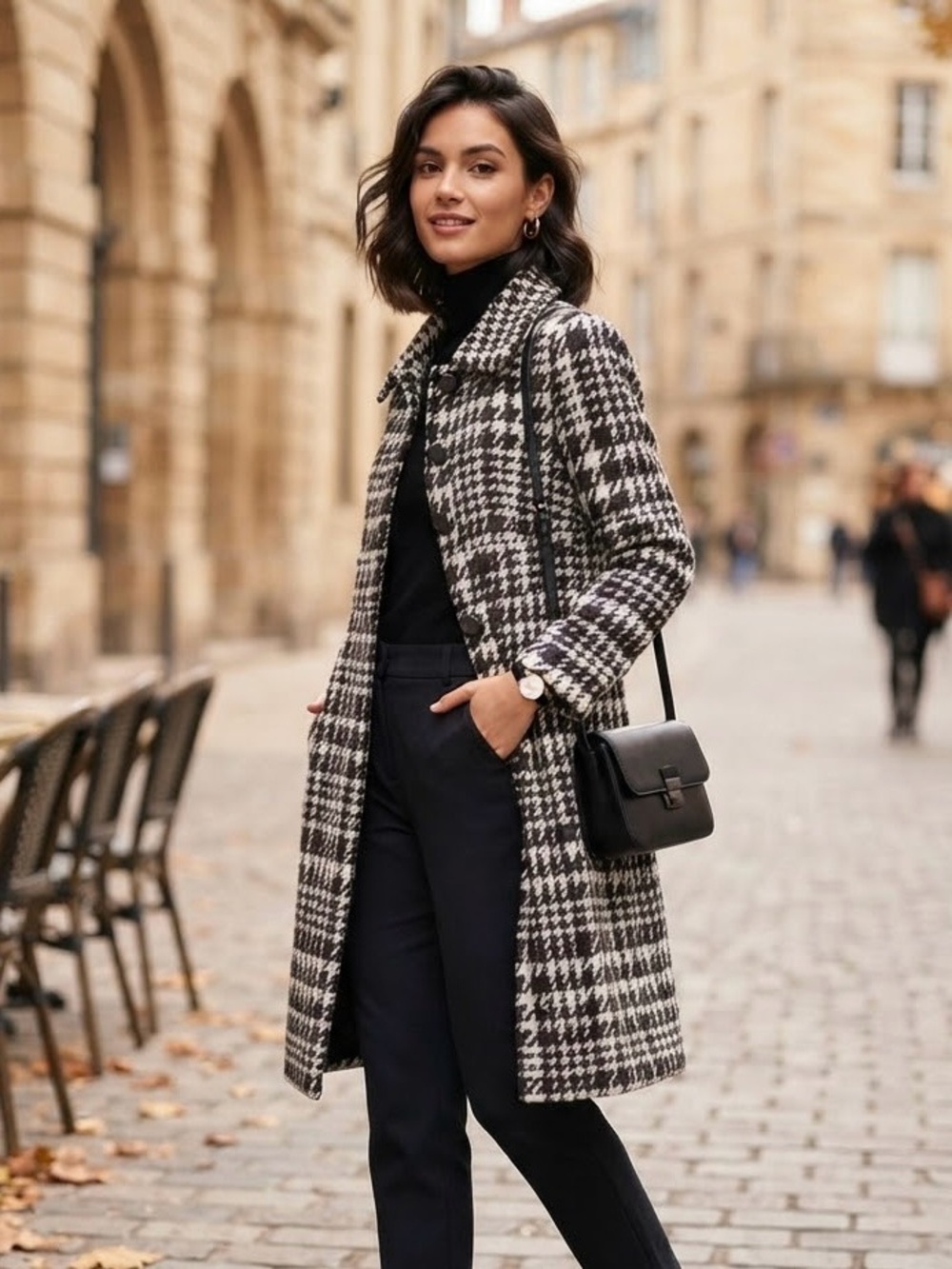 Costa Blanca Black White Houndstooth Wool Blend Midi Coat Y2K Dark Academia 8